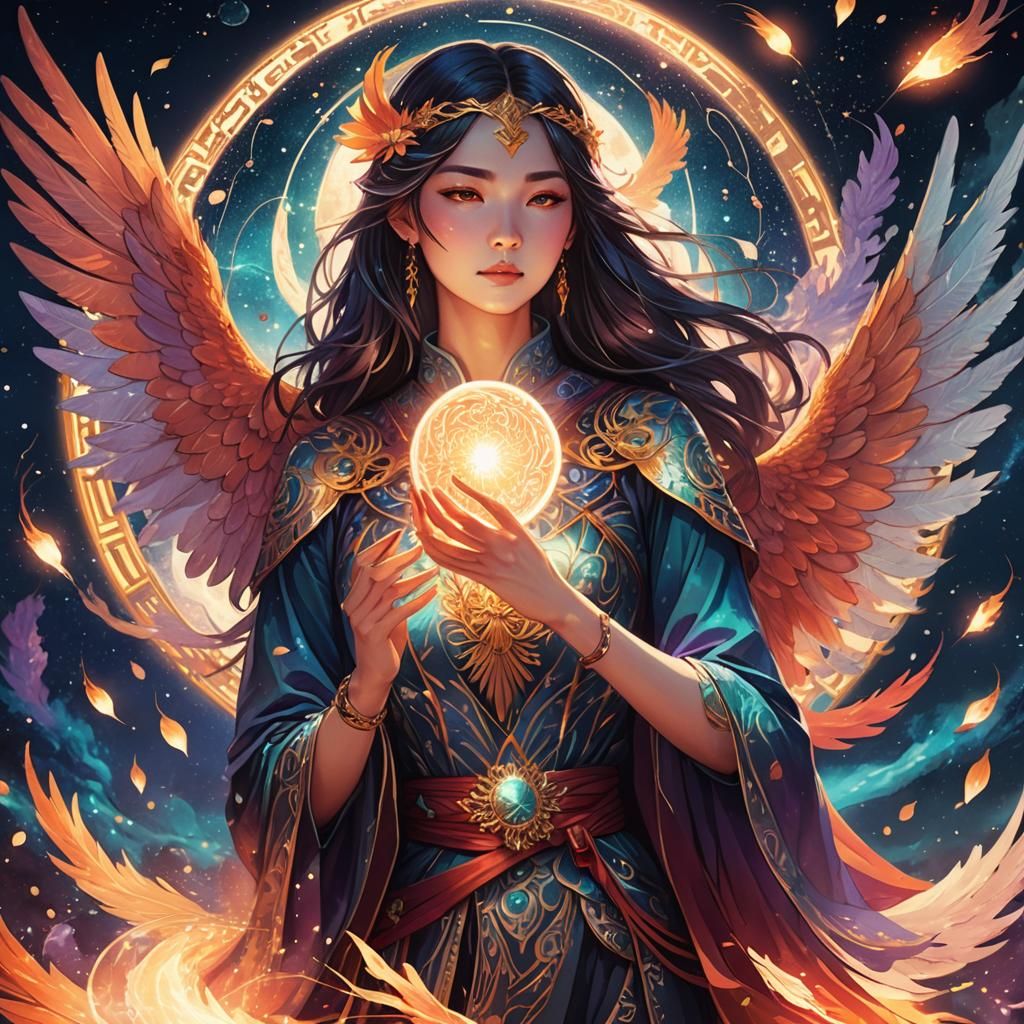 Mystical Woman with Phoenix in Anime Style