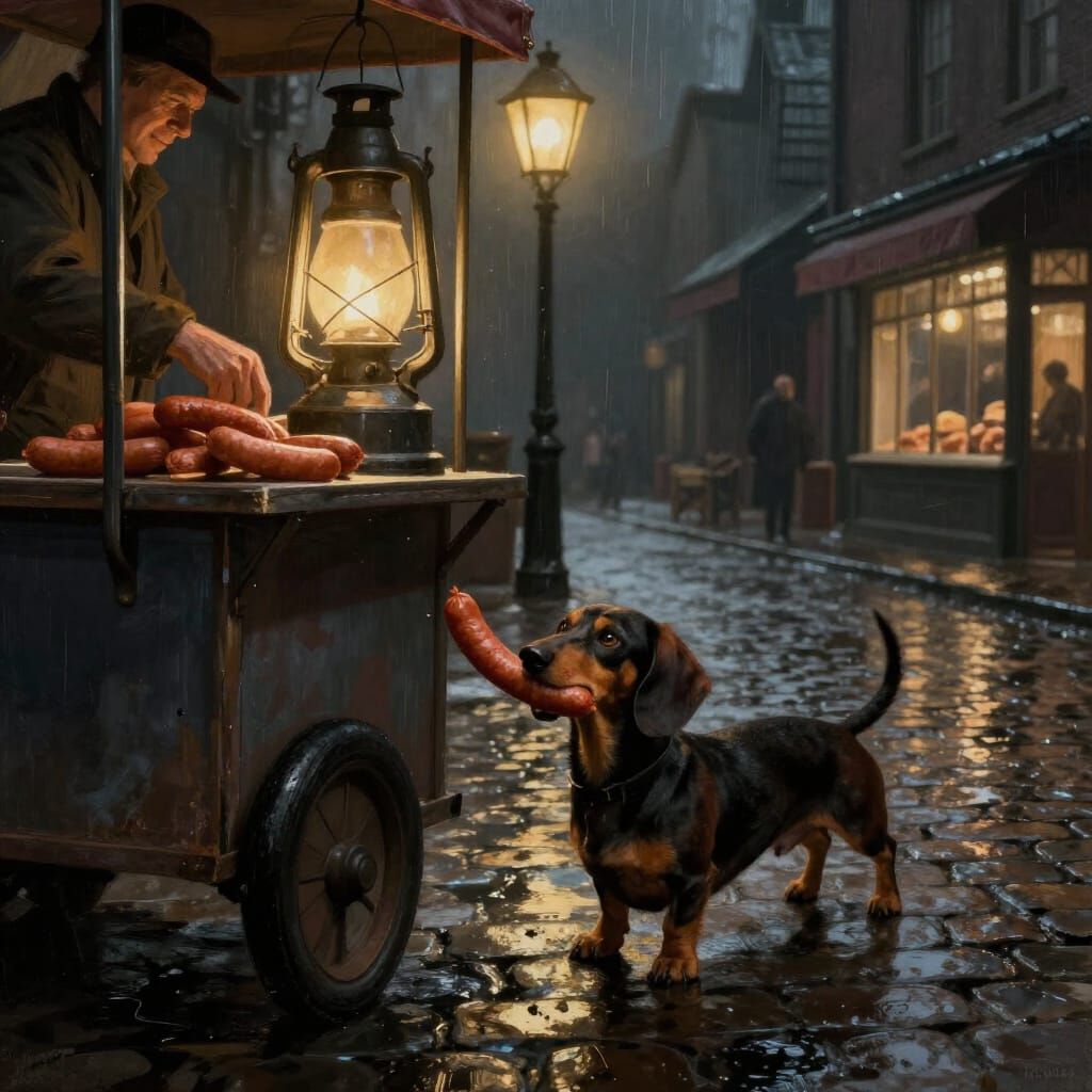 Mischievous Dachshund Steals Sausage in Noir Style