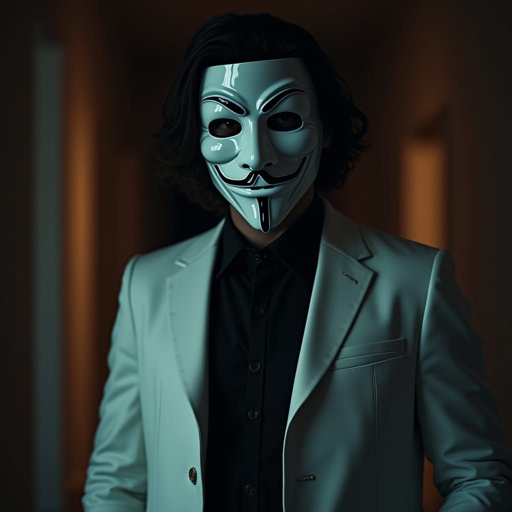 Masked Man with Skull Logo in Dramatic Lighting