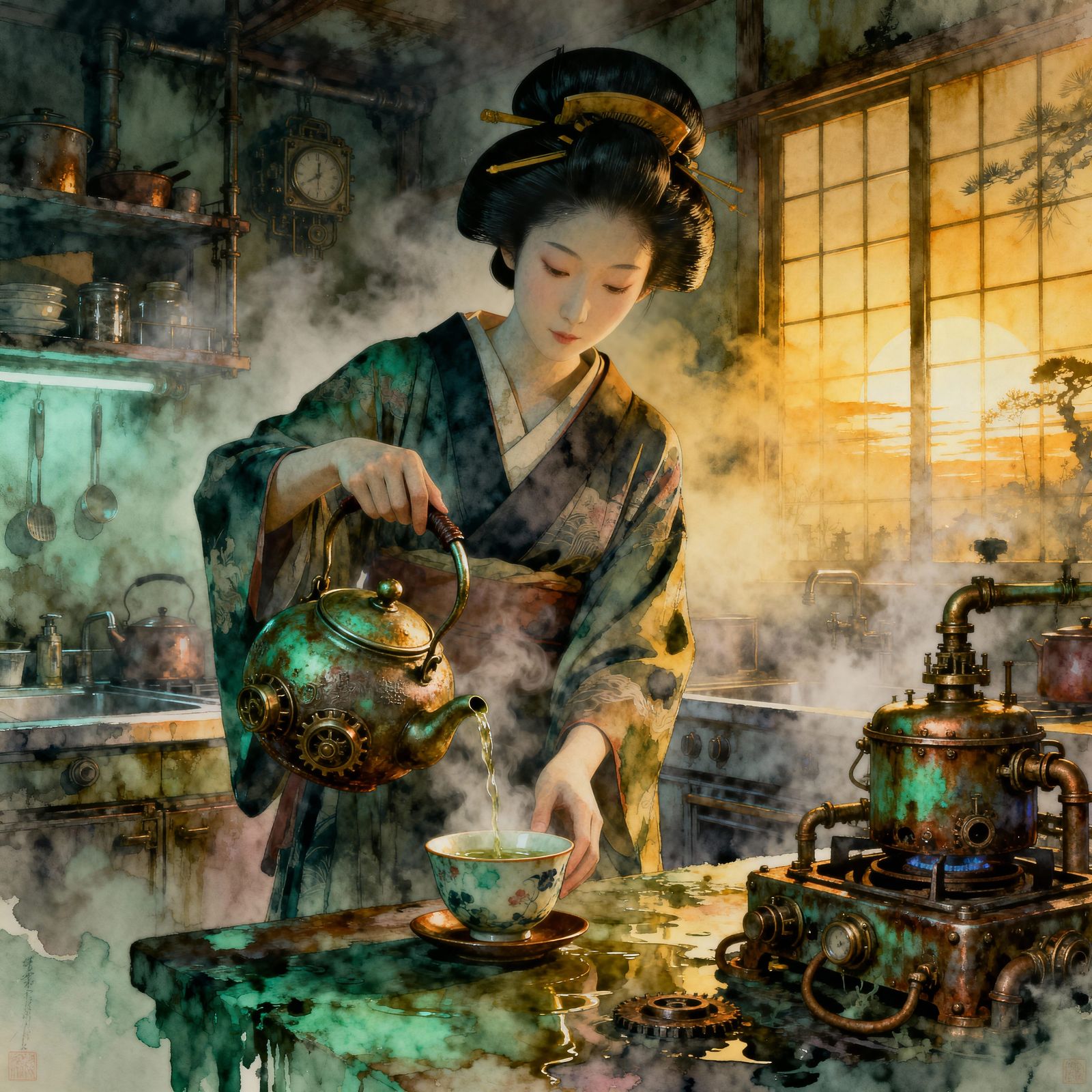 Geisha Tea Ceremony in Muted Steampunk Okiya Nightscape