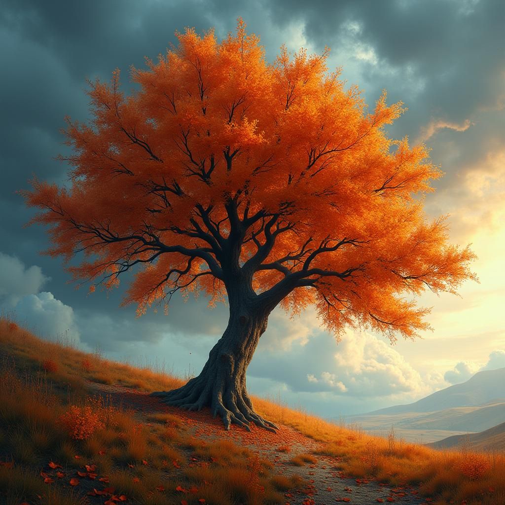 Autumn Tree Defies Wind in Dramatic Digital Painting