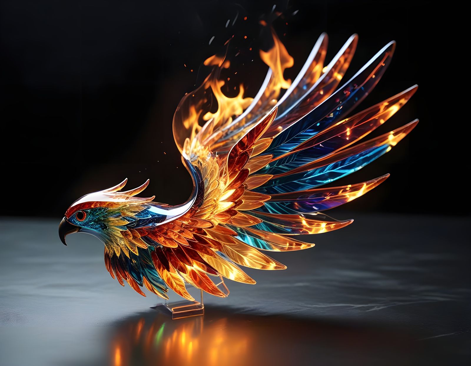 Surreal wing designs made of  glass and fire