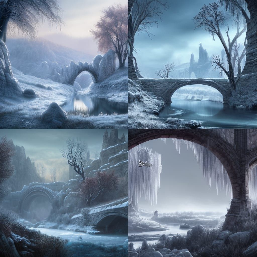 Frozen River Under Frosty Stone Arches: Fantasy Concept Art