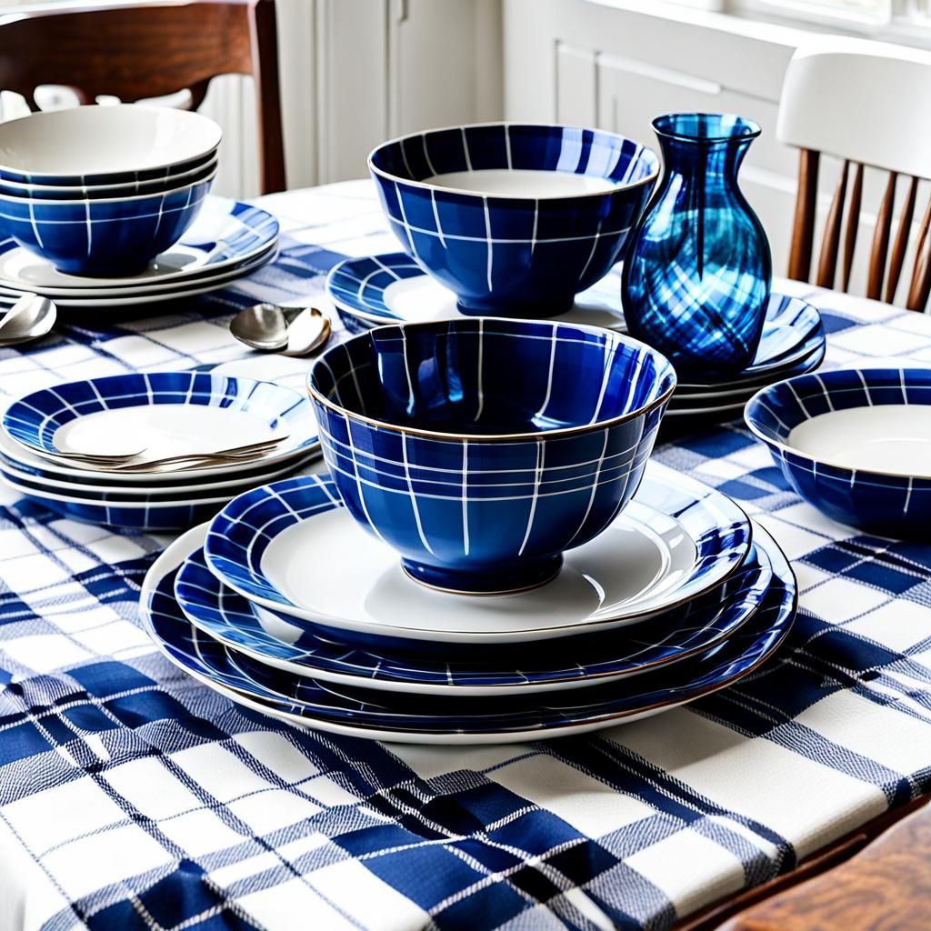 Blue Plaid Dishes on White Tablecloth