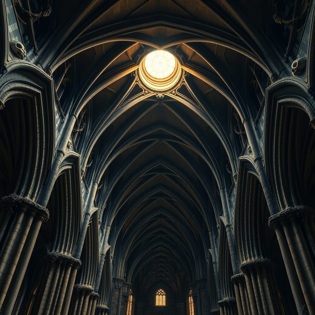 Ethereal Gothic Cathedral with Skulls and Golden Light