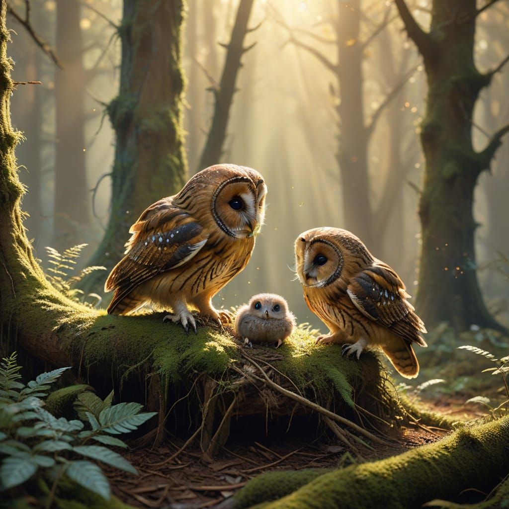 Tawny Owl Feeds Shrew in Ethereal Forest Light