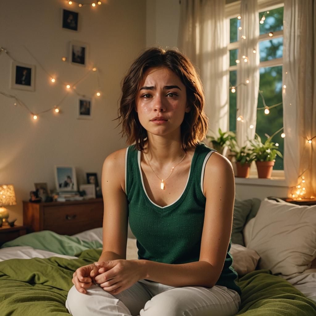 Melancholic Girl Crying in Sunset Light, Matte Painting