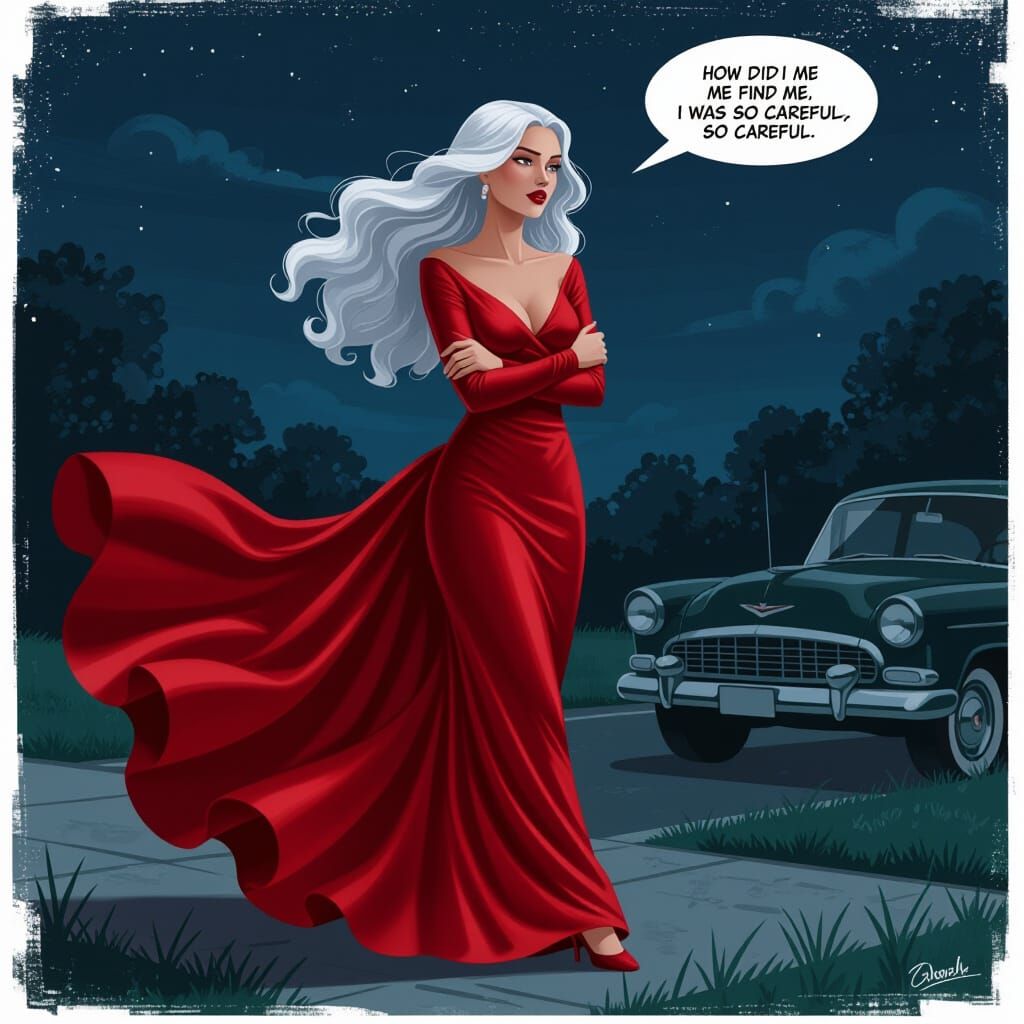 Woman in Red Dress on Dark Night, Gothic Style