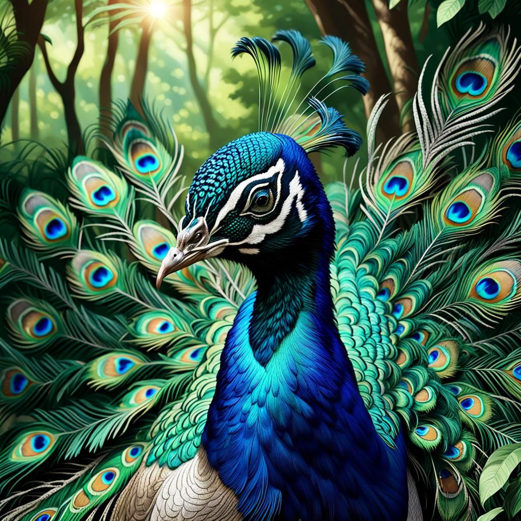 Hyper-Realistic Peacock Portrait in Lush Forest
