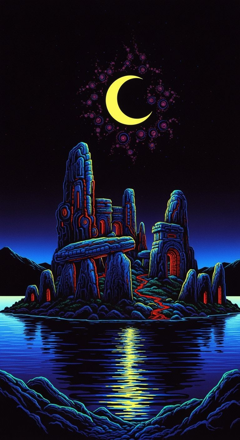 Psychedelic Island Ruins Under Blacklight