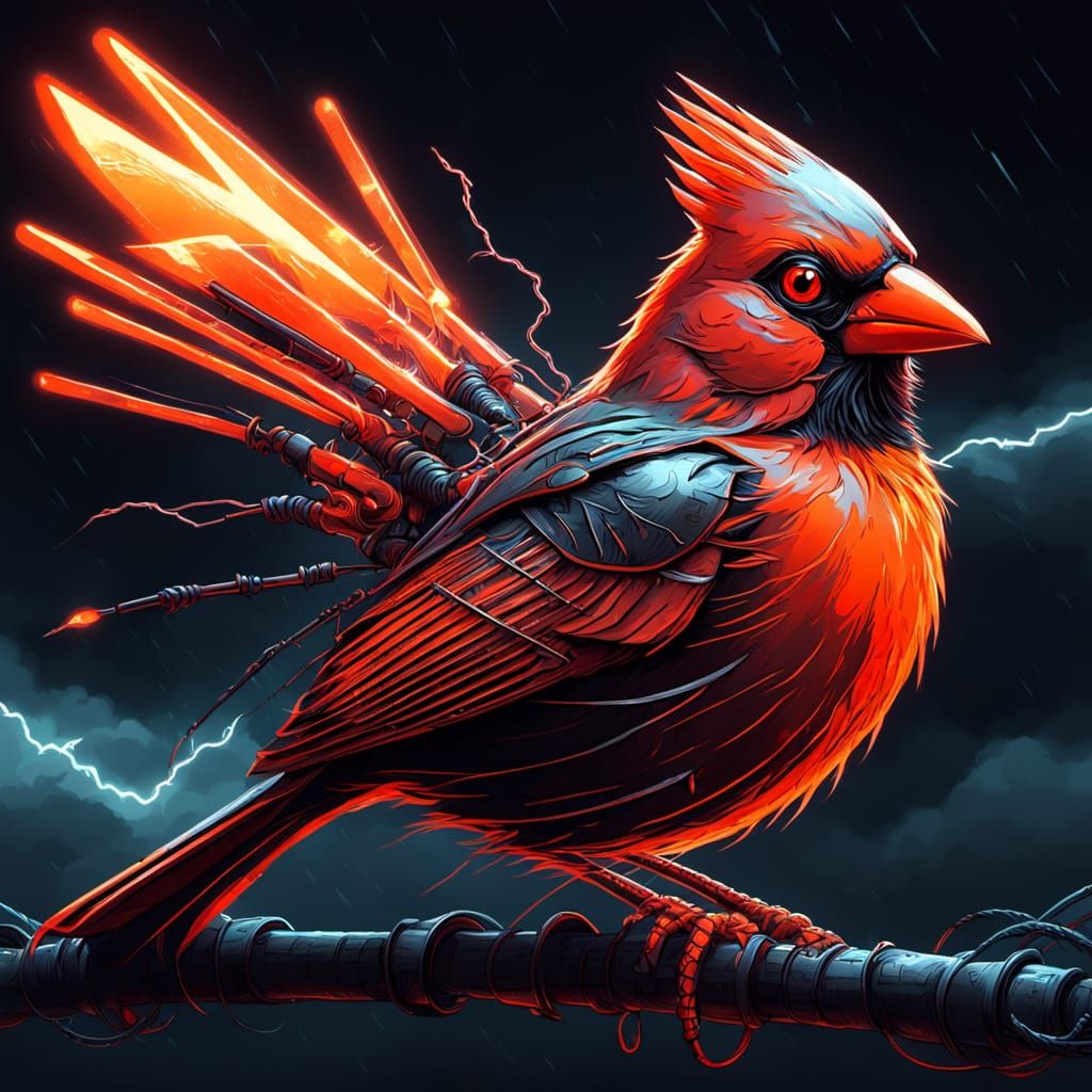 Wire Cardinal in Storm, Synthwave Neon Art