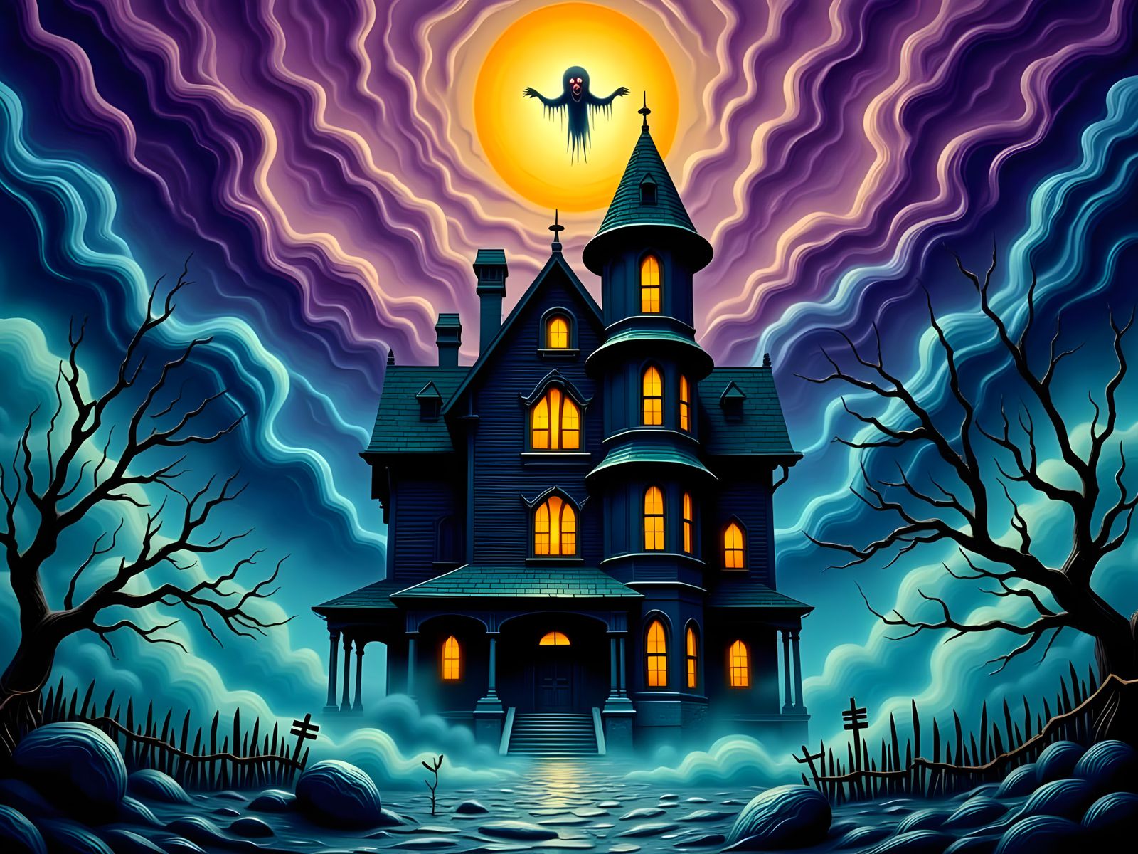 Haunted Victorian Mansion with Ghost and Ghouls