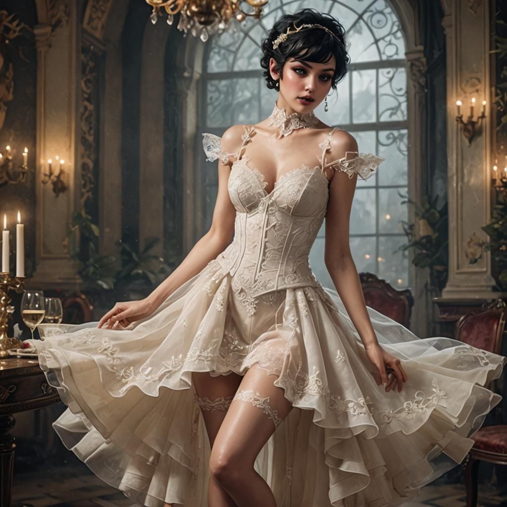 Blackhair pixie cut woman busti wearing ivory naughti revealing organza fantasy dress with lace stockings and heels at a...