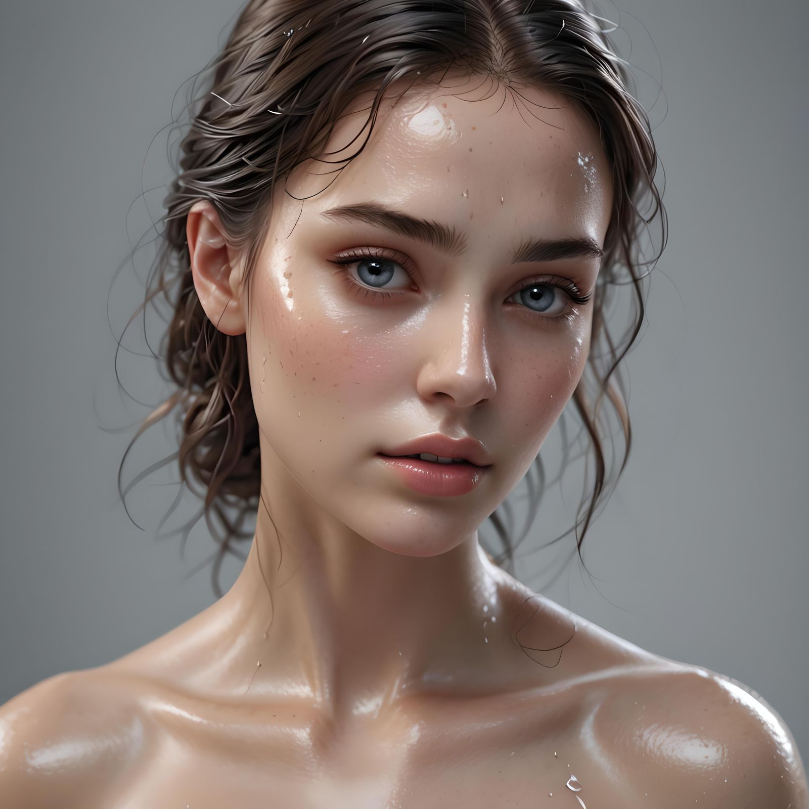 Ethereal 3D Portrait of a Sensitive Woman in Wet Skin