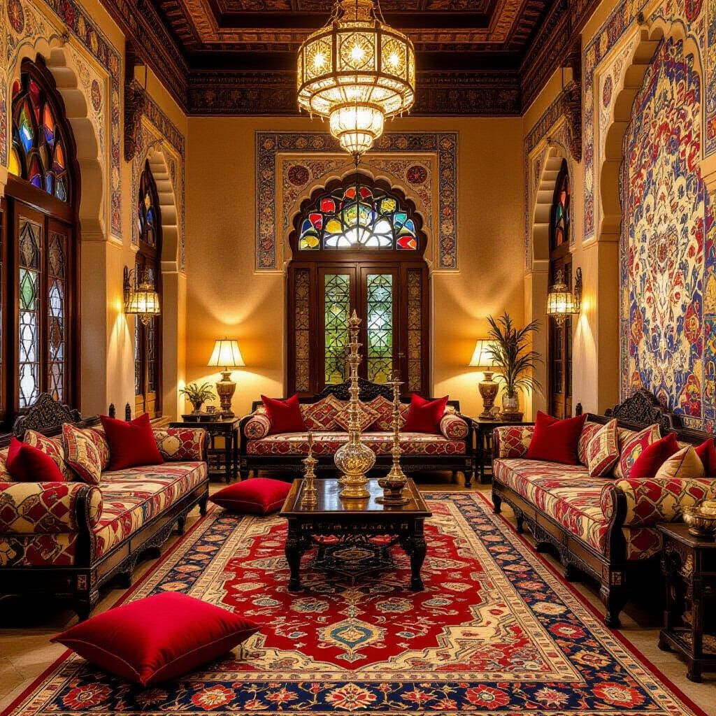 Luxurious Oriental Hall with Hookah in Art Nouveau Style