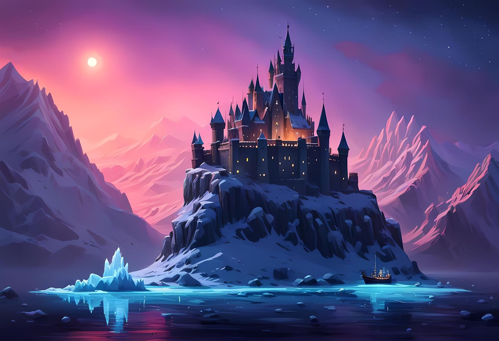 Snowy Island Castle in Dreamlike Gothic Style