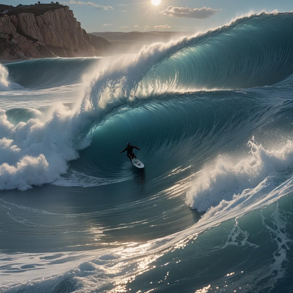 Surfer Rides Nazaré Wave in Photorealistic Style