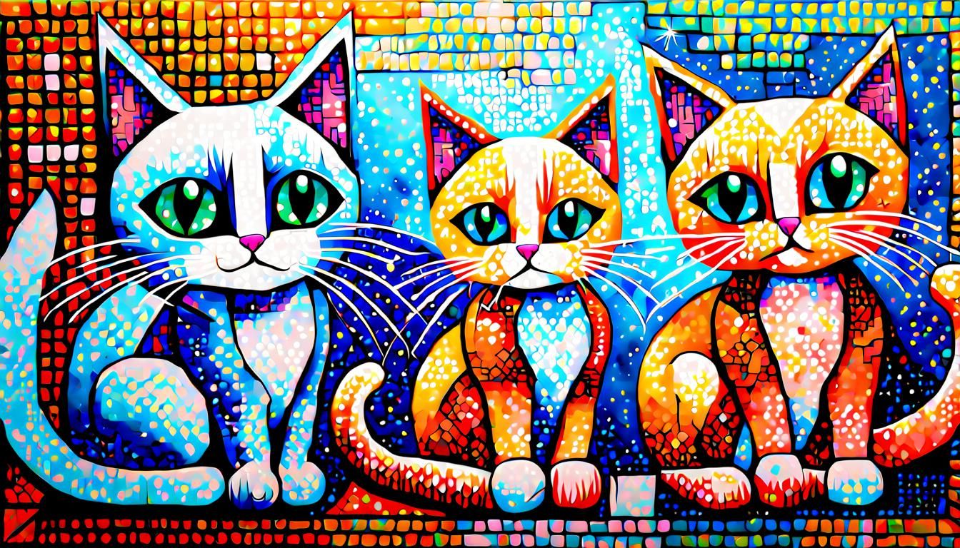 Magic Munchkin Cats in Pointillism Cubism Style