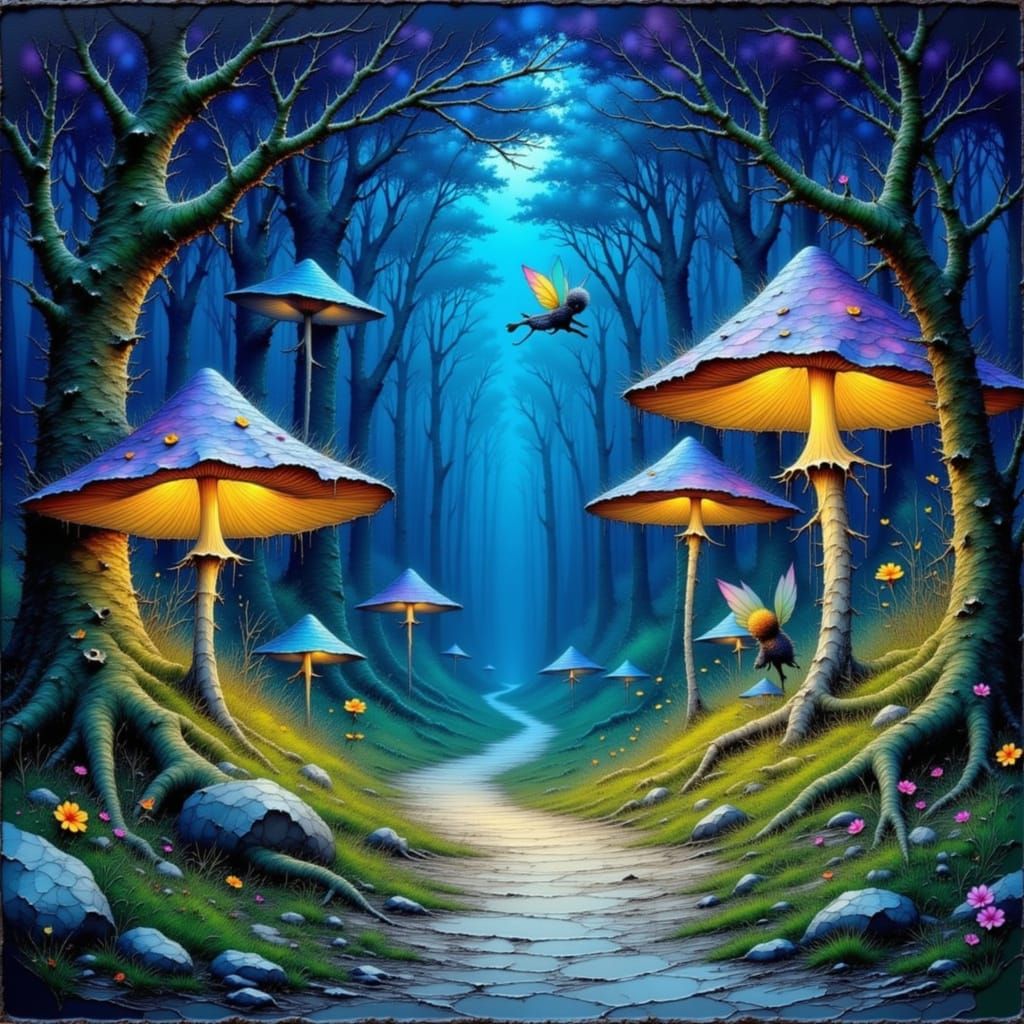 Bioluminescent Forest at Midnight with Sprites