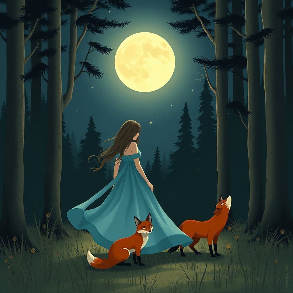 Whimsical Dreamlike Scene: Woman and Fox Under Full Moon