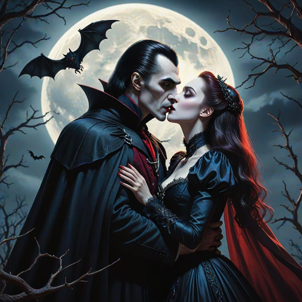 Dracula and Mina's Passionate Kiss Under Full Moon