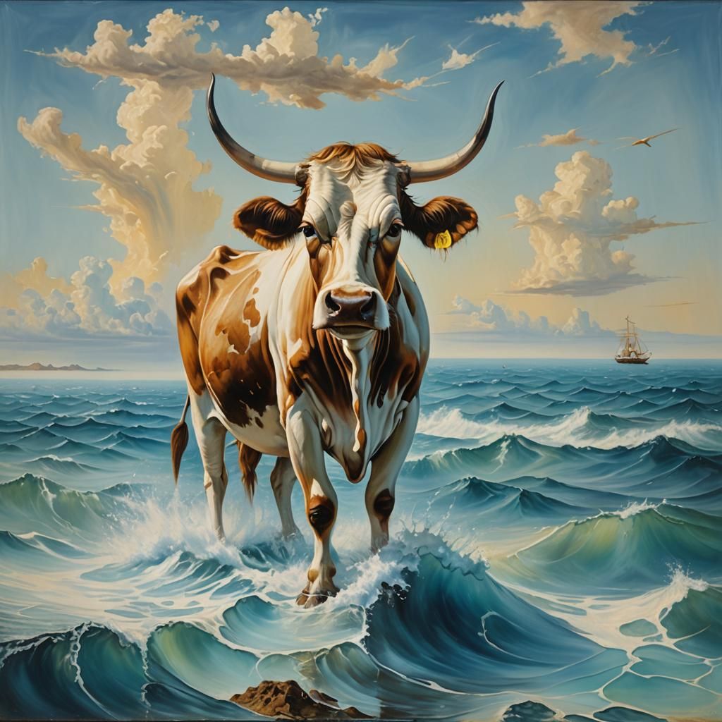 Surreal Indian Cow in Ocean as Dali Painting