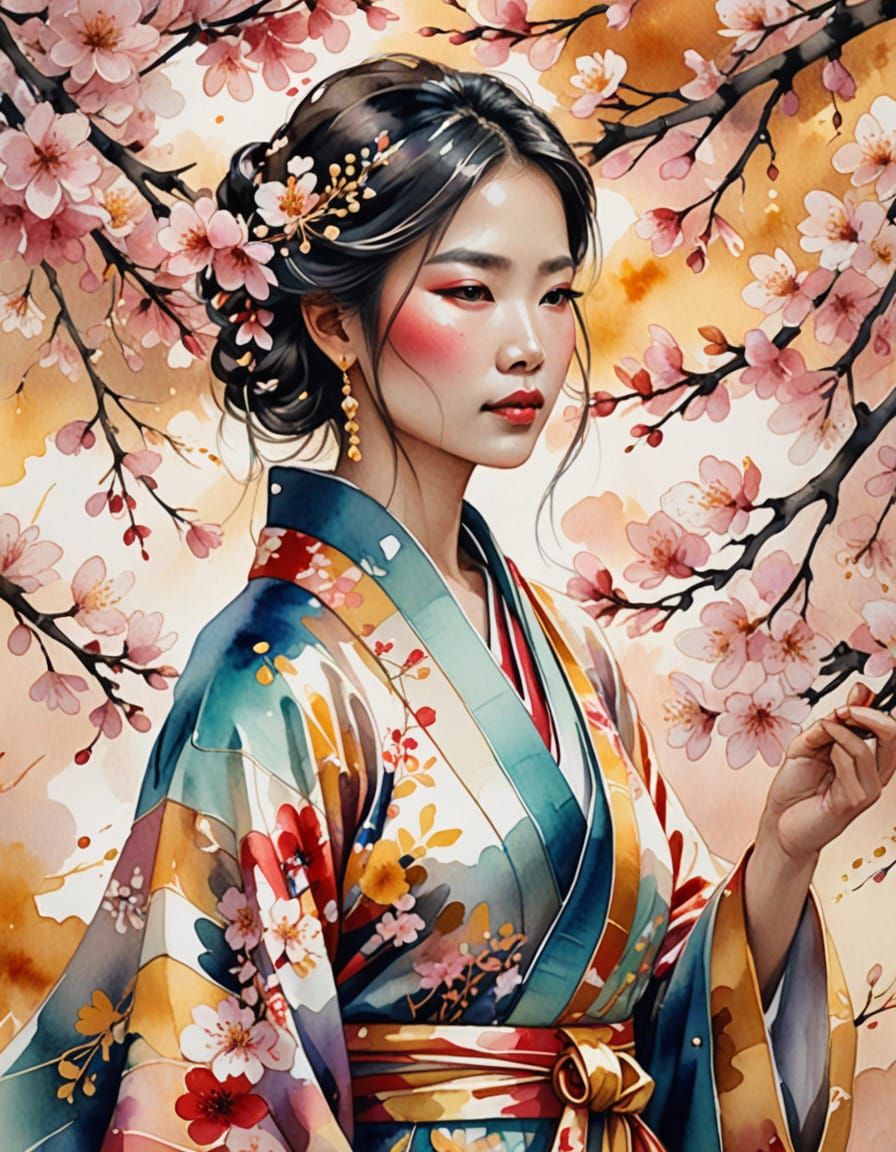 Ethereal Woman in Kimono: Watercolor Style Art