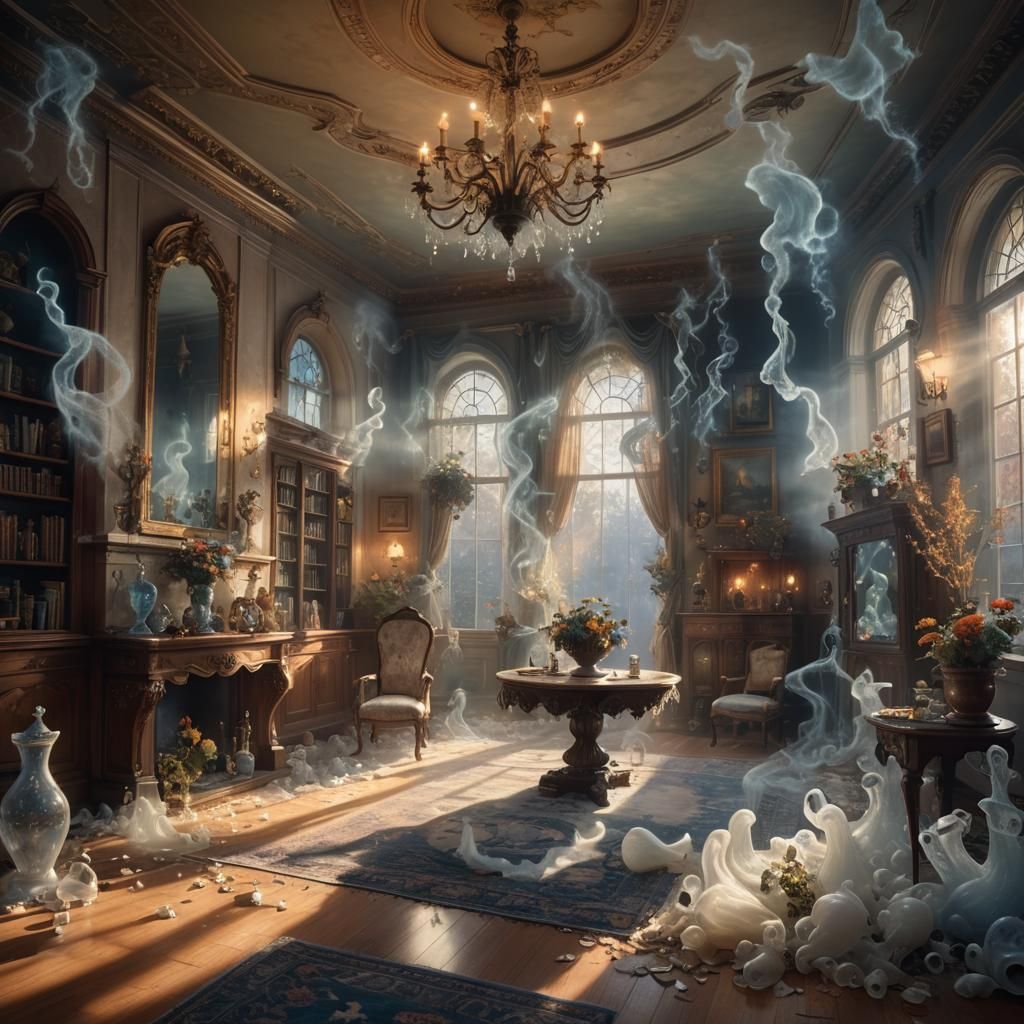 Ghosts Smashing Vases in Abandoned Mansion, Ethereal Glow