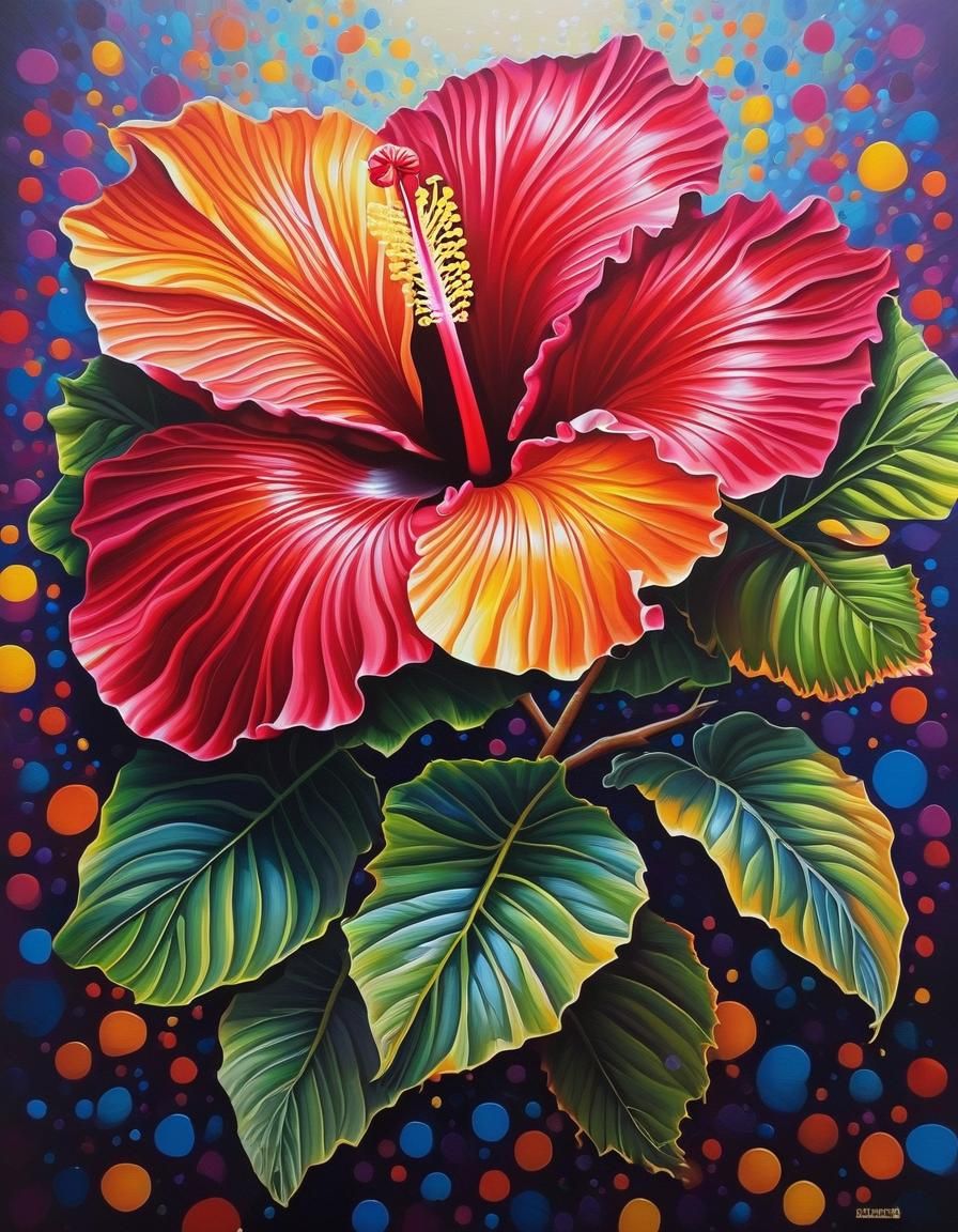 Hyperdetailed Painting of a Hibiscus Flower in Gorgeous Colo...