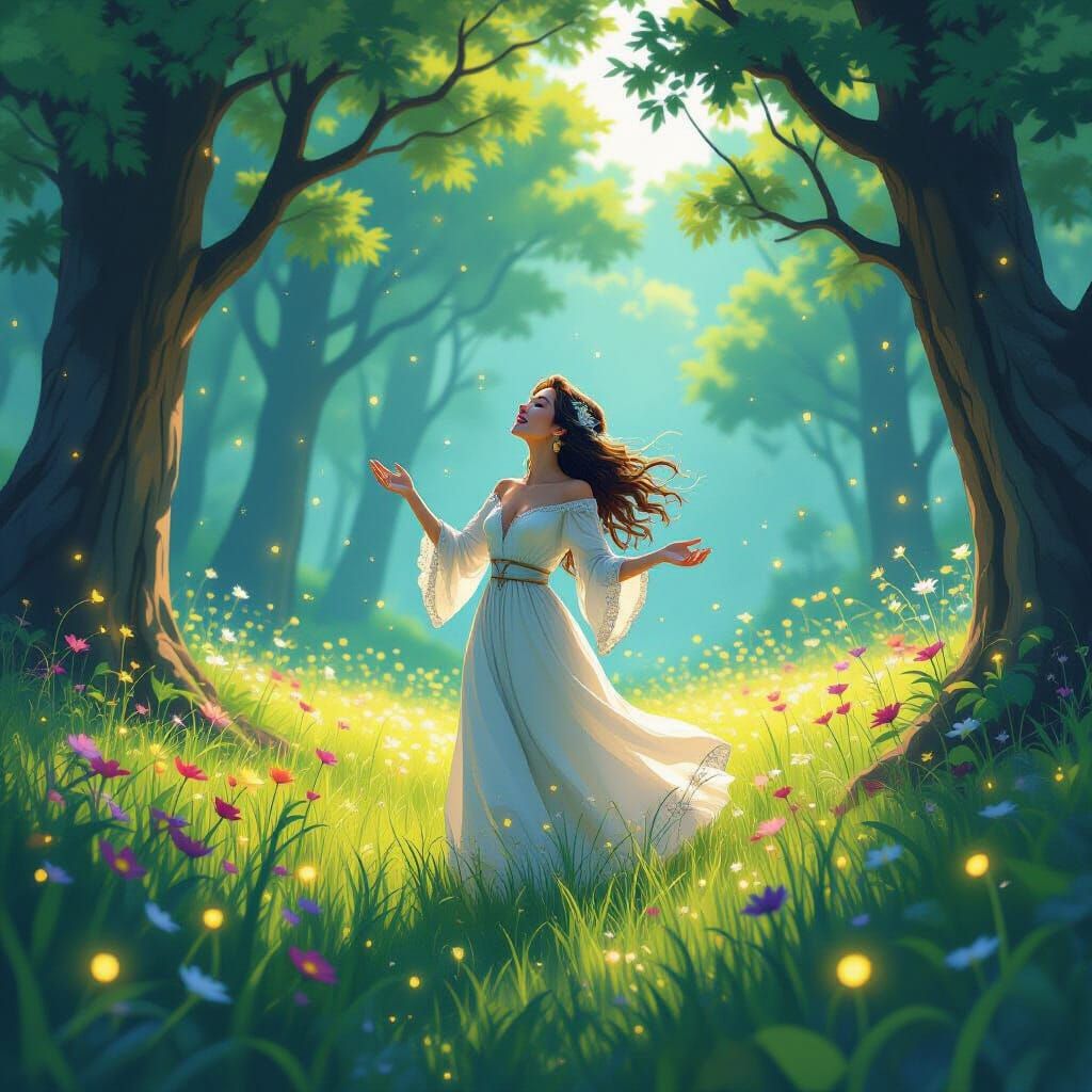 Mystical Woman Singing in Lush Meadow