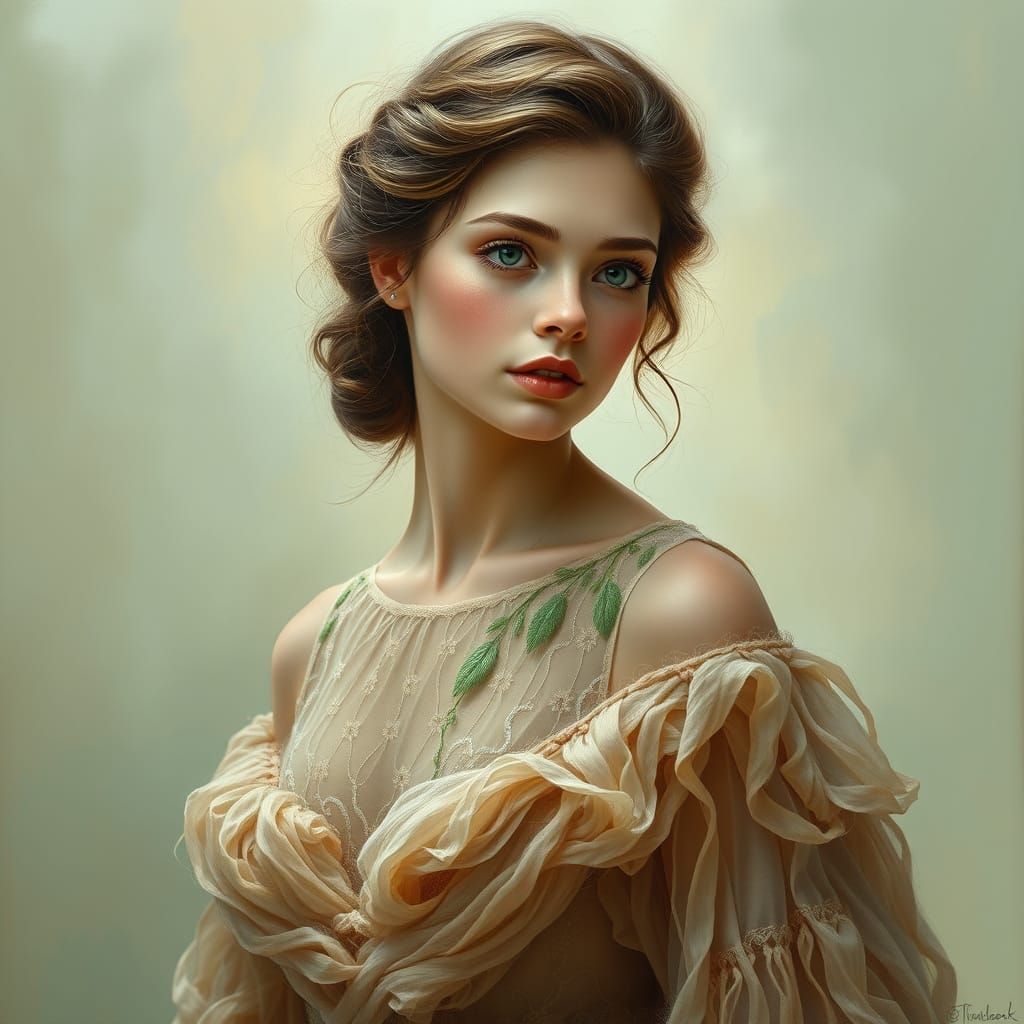 Ethereal Oil Painting of Woman in Floral Wool Dress
