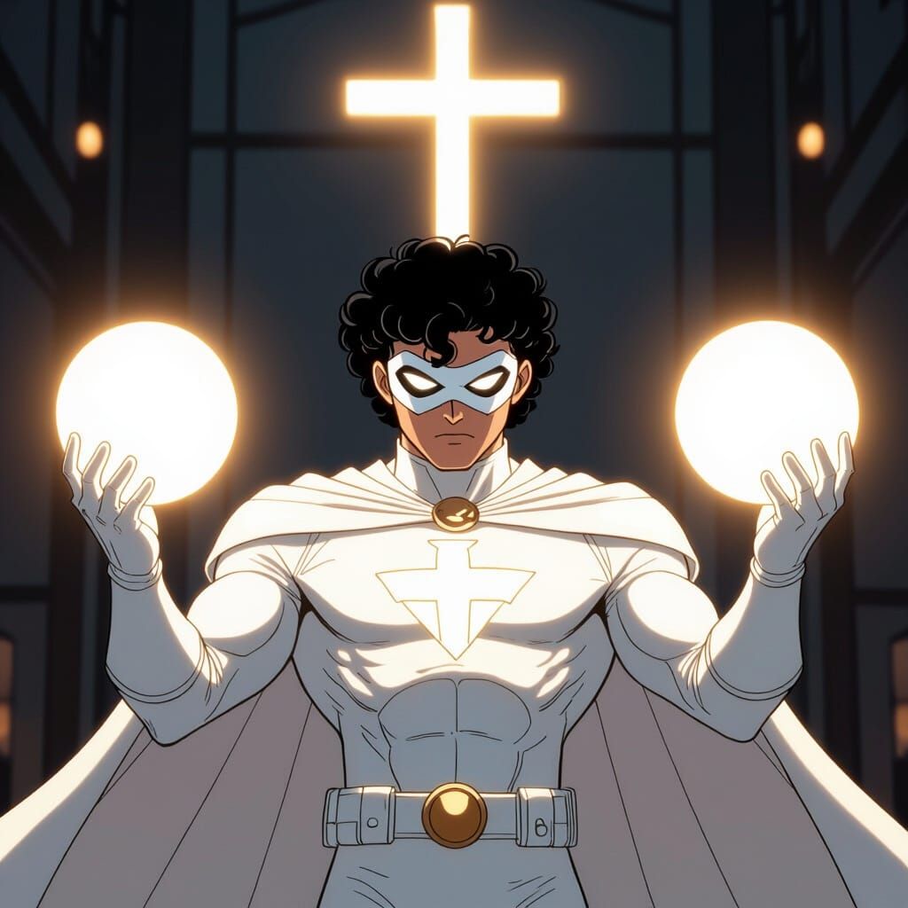 Invincible Superhero in White with Glowing Cross
