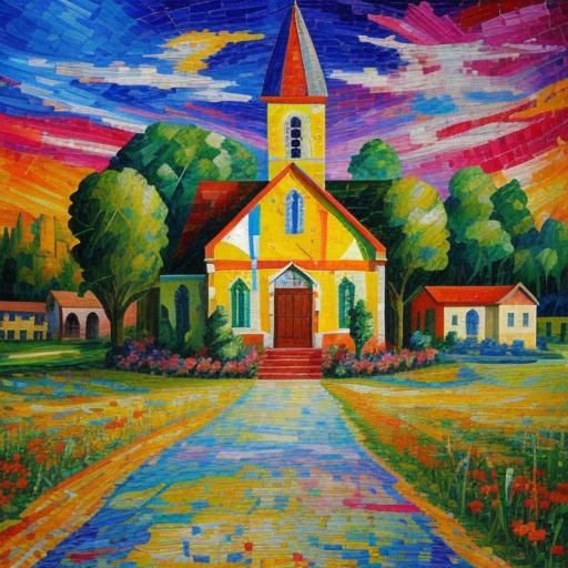Church of Hope: Neo-Impressionist Mosaic Oil Painting