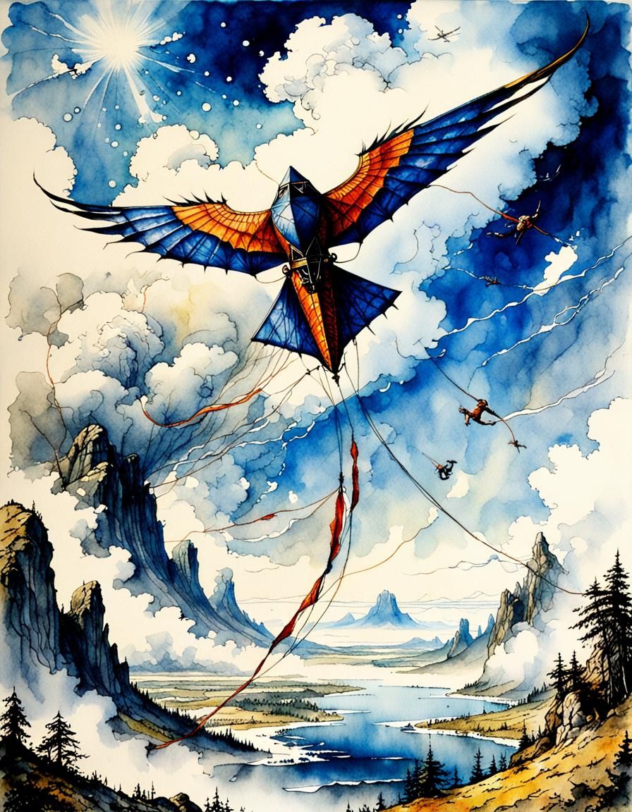 Ornate Kite Soaring in Watercolor Style