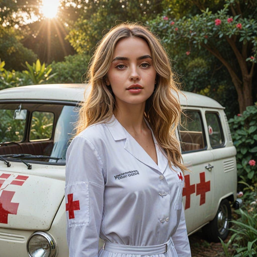 A portrait of Ana de Armas Lookalike is a red cross nurse.