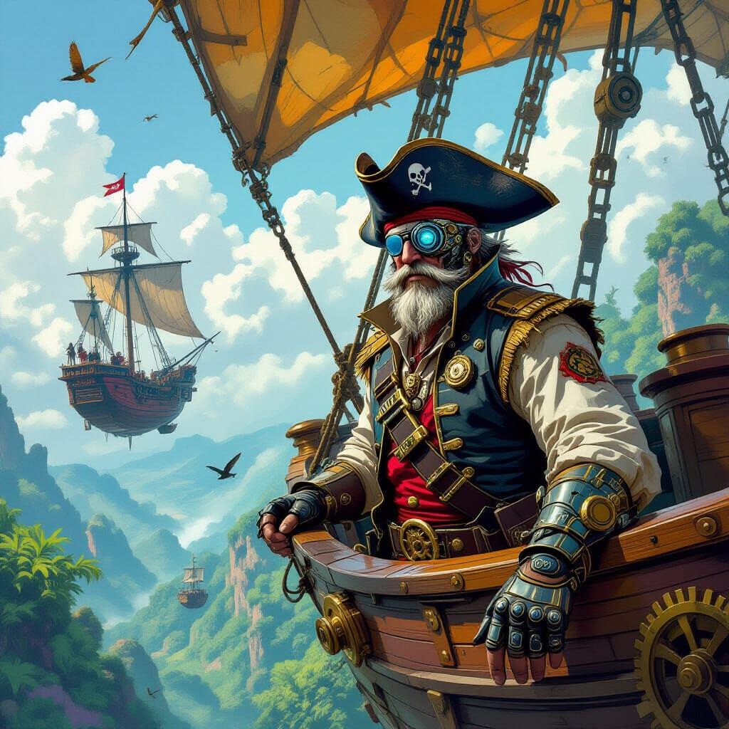 Steampunk Pirate Captain Navigating Sky Islands