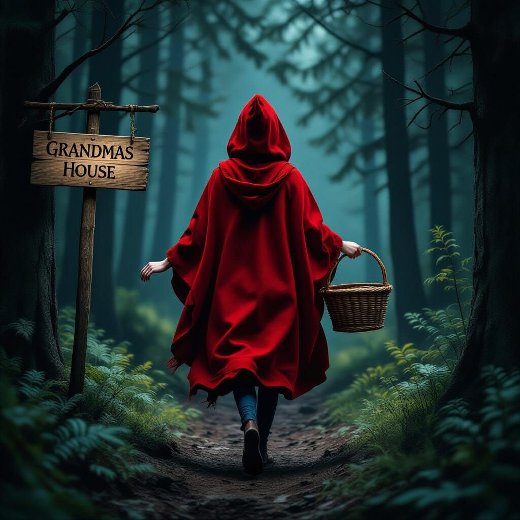 Woman in Red Poncho Skipping Through Dark Forest
