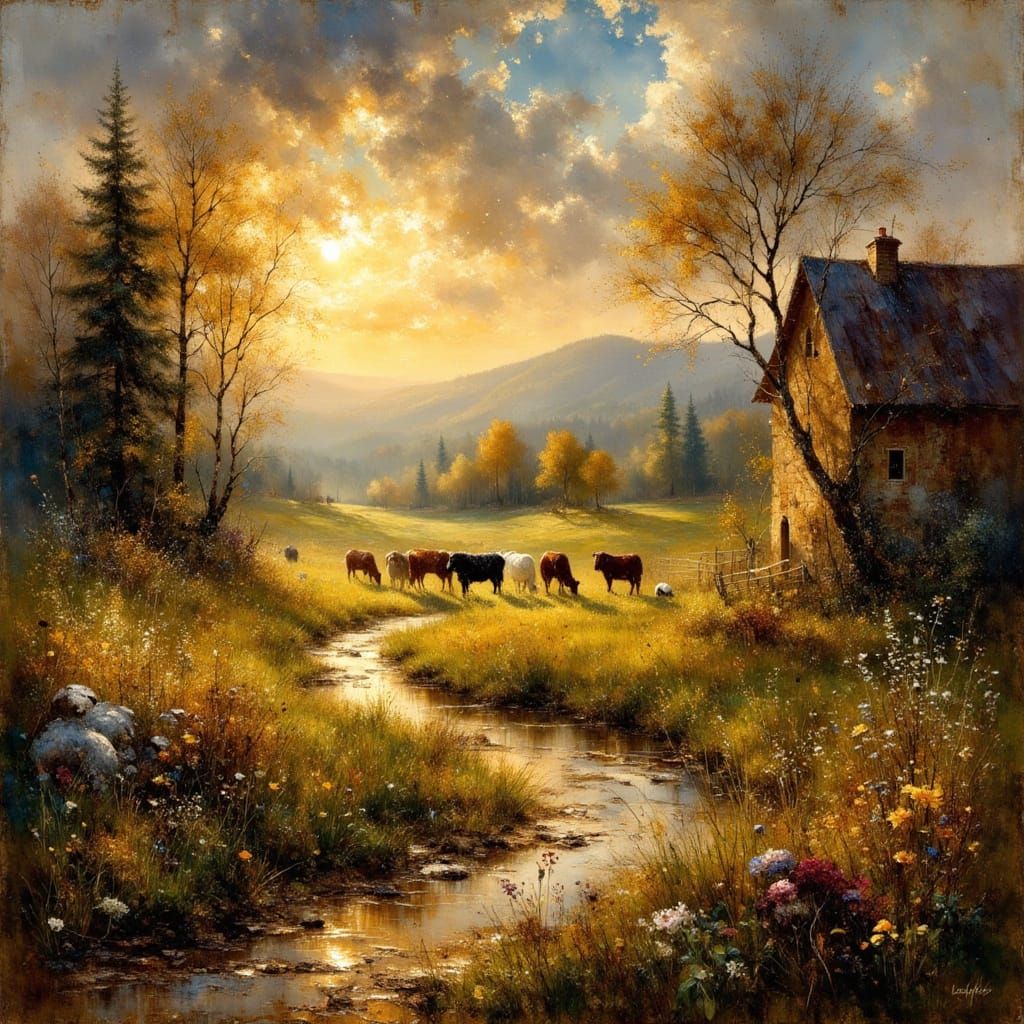 Golden Hour Farmyard Scene in Impressionistic Style