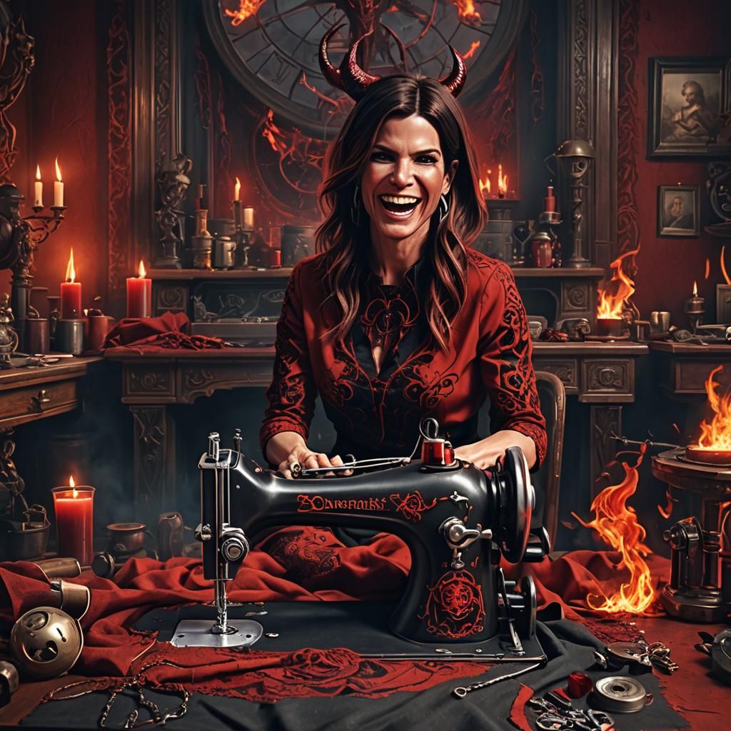 Satanic Sandra Bullock with her sewing machine