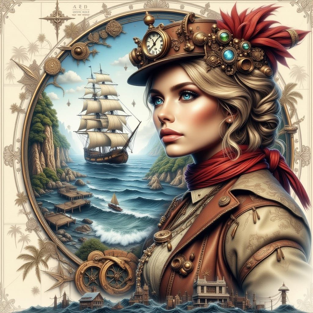 Steampunk Sailing Ship Portrait in Double Exposure Style