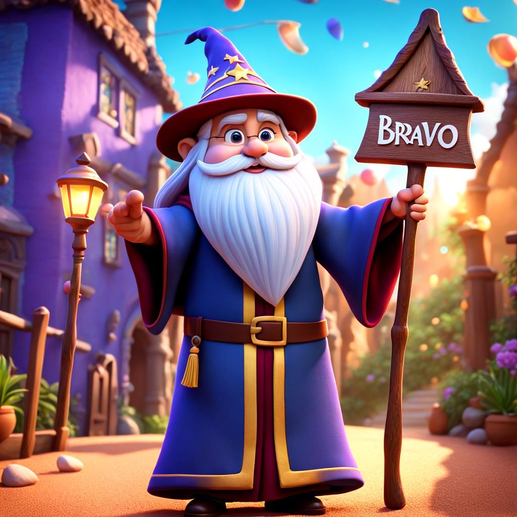 Cute Wizard Holding Bravo Sign in 3D Style