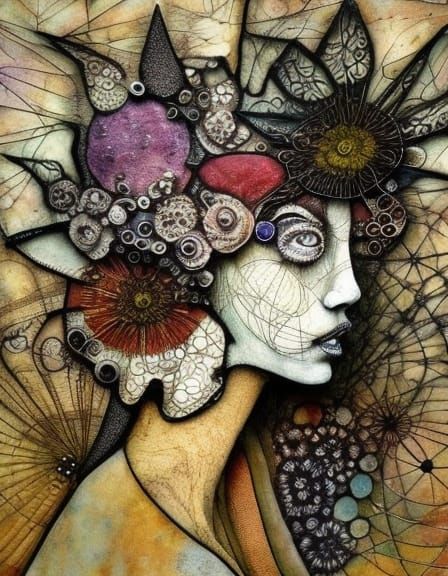 Intricate Textile Art Woman with Floral Headdress