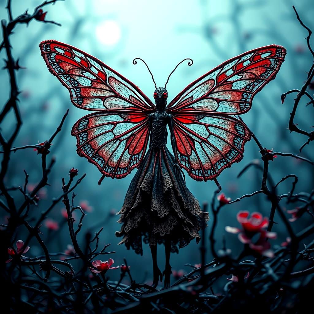 Barbed-Wire Butterfly in Crimson and Cobalt Maze