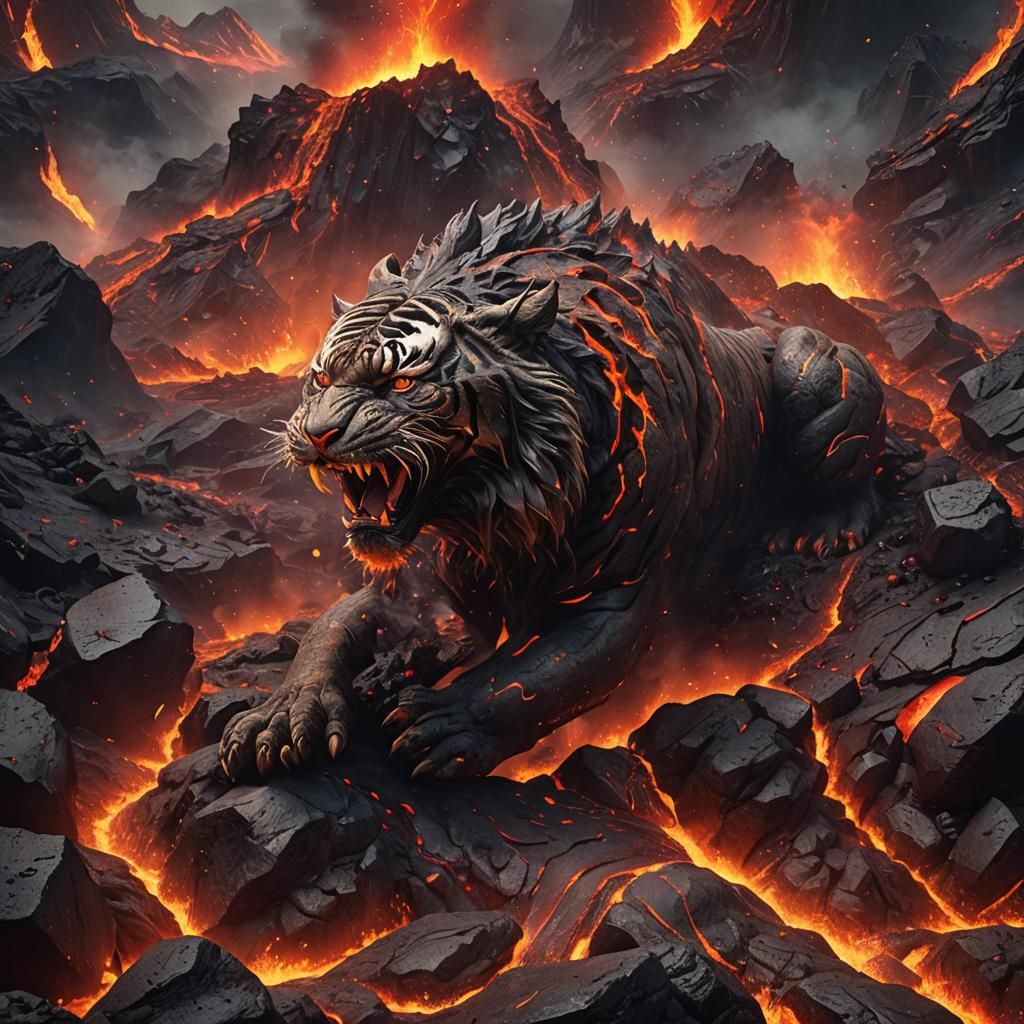 Volcanic Tiger in Fiery Lava Landscape
