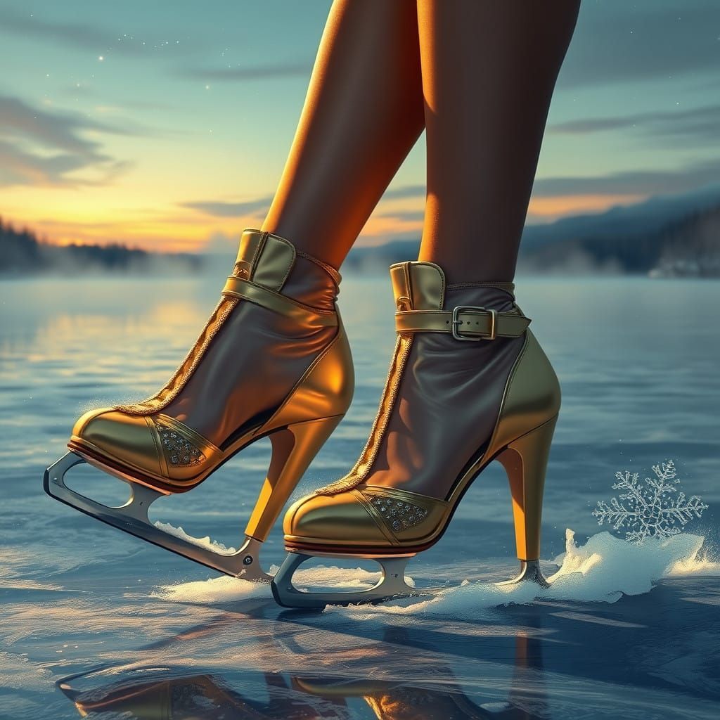 Woman's Feet in Golden High Heel Ice Skates on a Frozen Lake