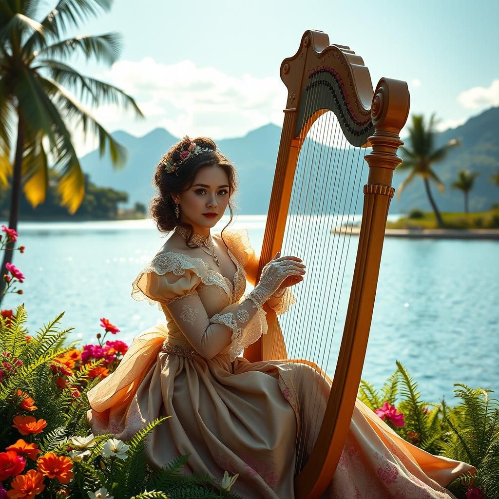 Victorian Woman Plays Harp in Lush Garden