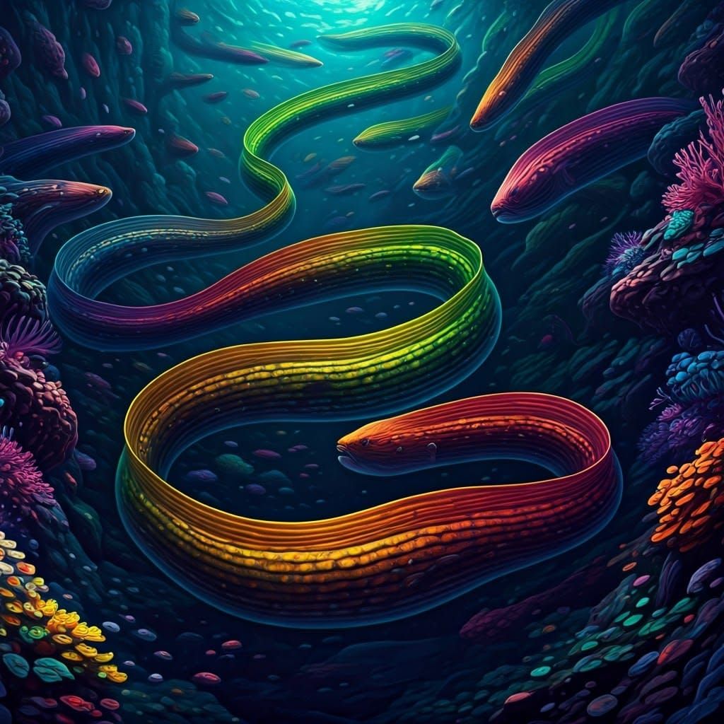 Rainbow Eels in Bioluminescent Ocean