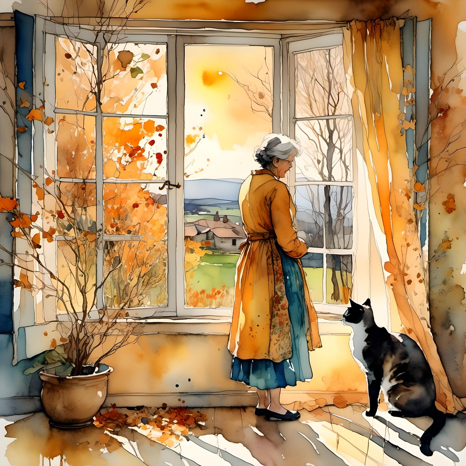 Grandmother and Cat at Sunset: Watercolor Autumn Scene
