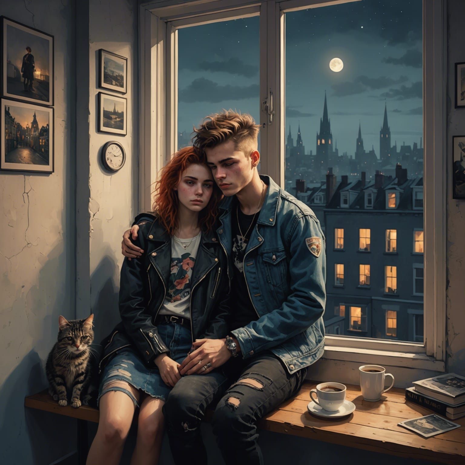 Melancholic Punk Teens Embrace in City Apartment