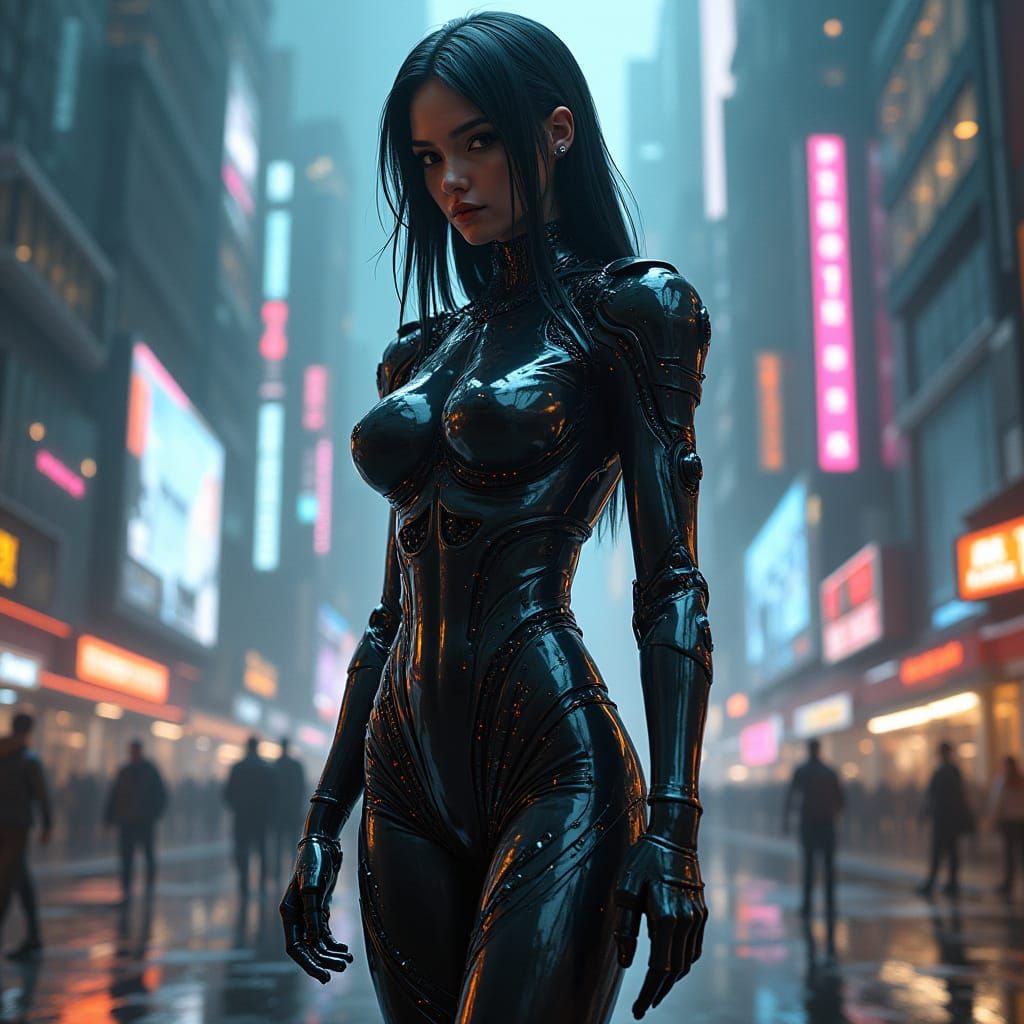 Cyberpunk Goddess in Shimmering Black Latex